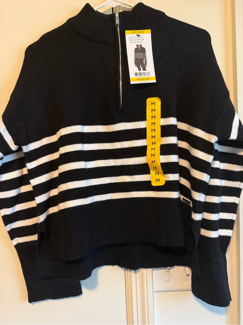 New Dkny Black and White Striped Half-Zip Turtleneck Sweater